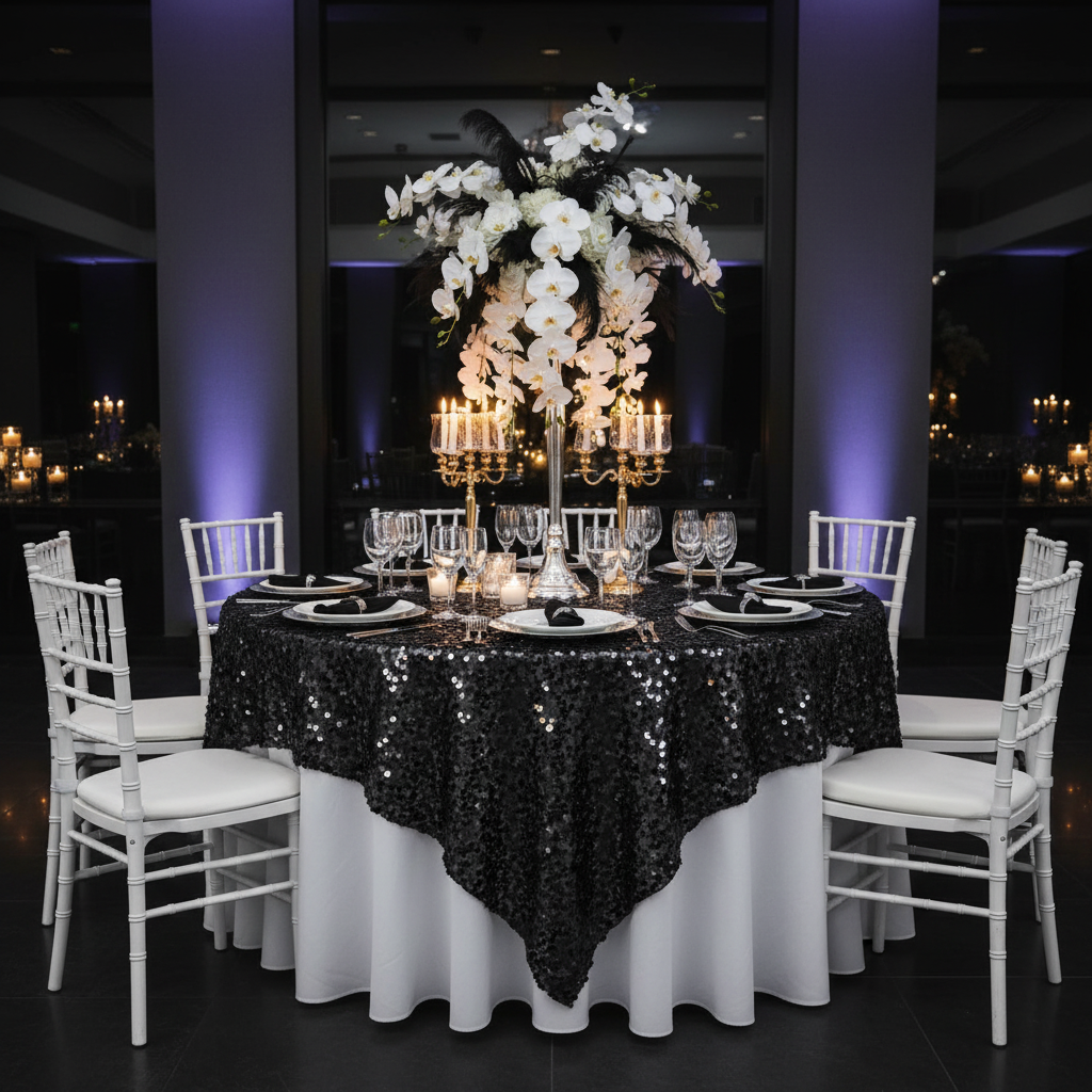 Large Payette Sequin Table Overlay Topper 90"x90" Square - Black.
