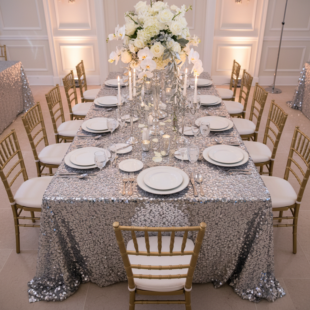 Large Payette Sequin Tablecloth 90"x132" Rectangular - Silver with Chiavari Gold Chairs.