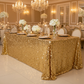 Large Payette Sequin Tablecloth 90"x156" Rectangular - Gold with Gold Oval Chairs.