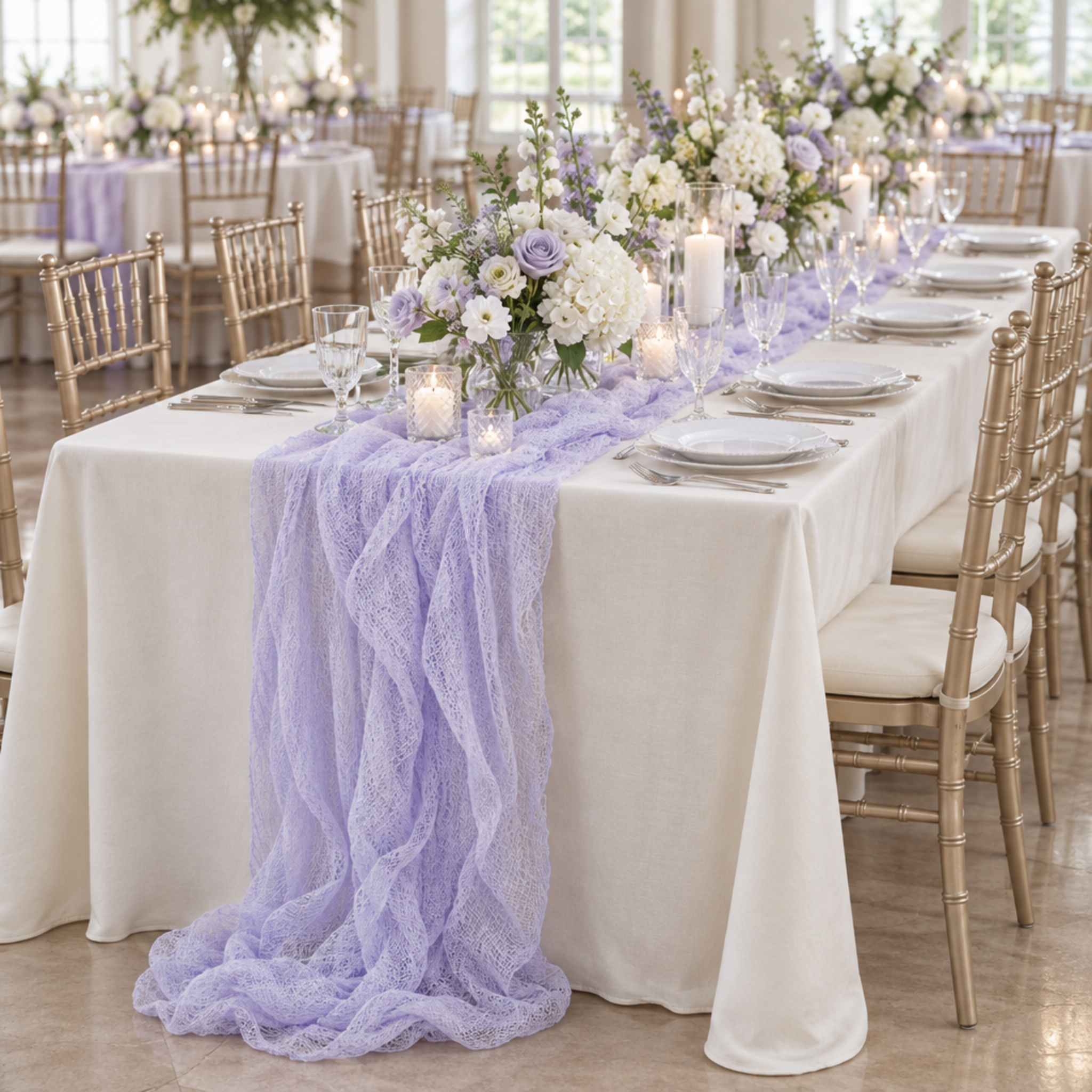Lavender cheesecloth runner at an indoor wedding reception