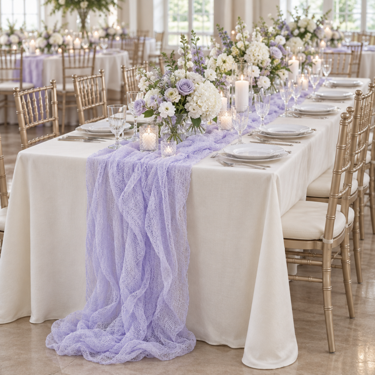 Lavender cheesecloth runner at an indoor wedding reception