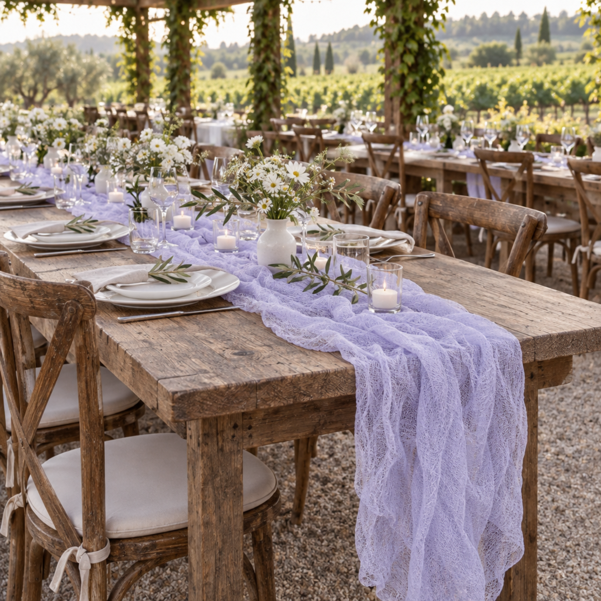 Lavender cheesecloth runner at a rustic vineyard wedding