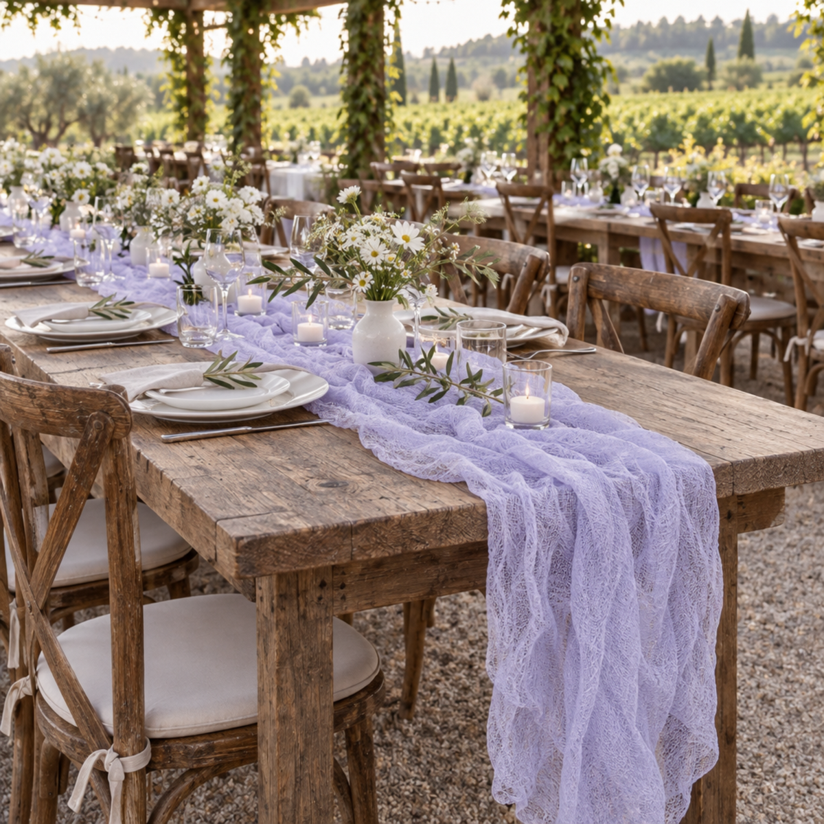 Lavender cheesecloth runner at a rustic vineyard wedding