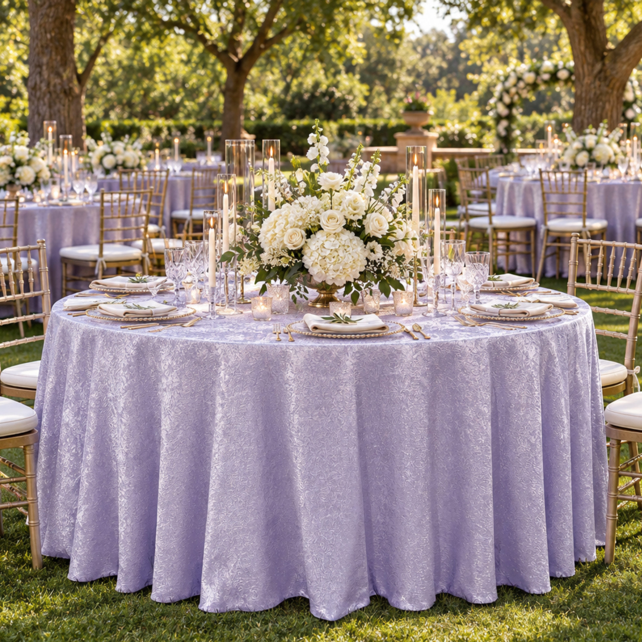 Lavender tablecloth at a garden reception