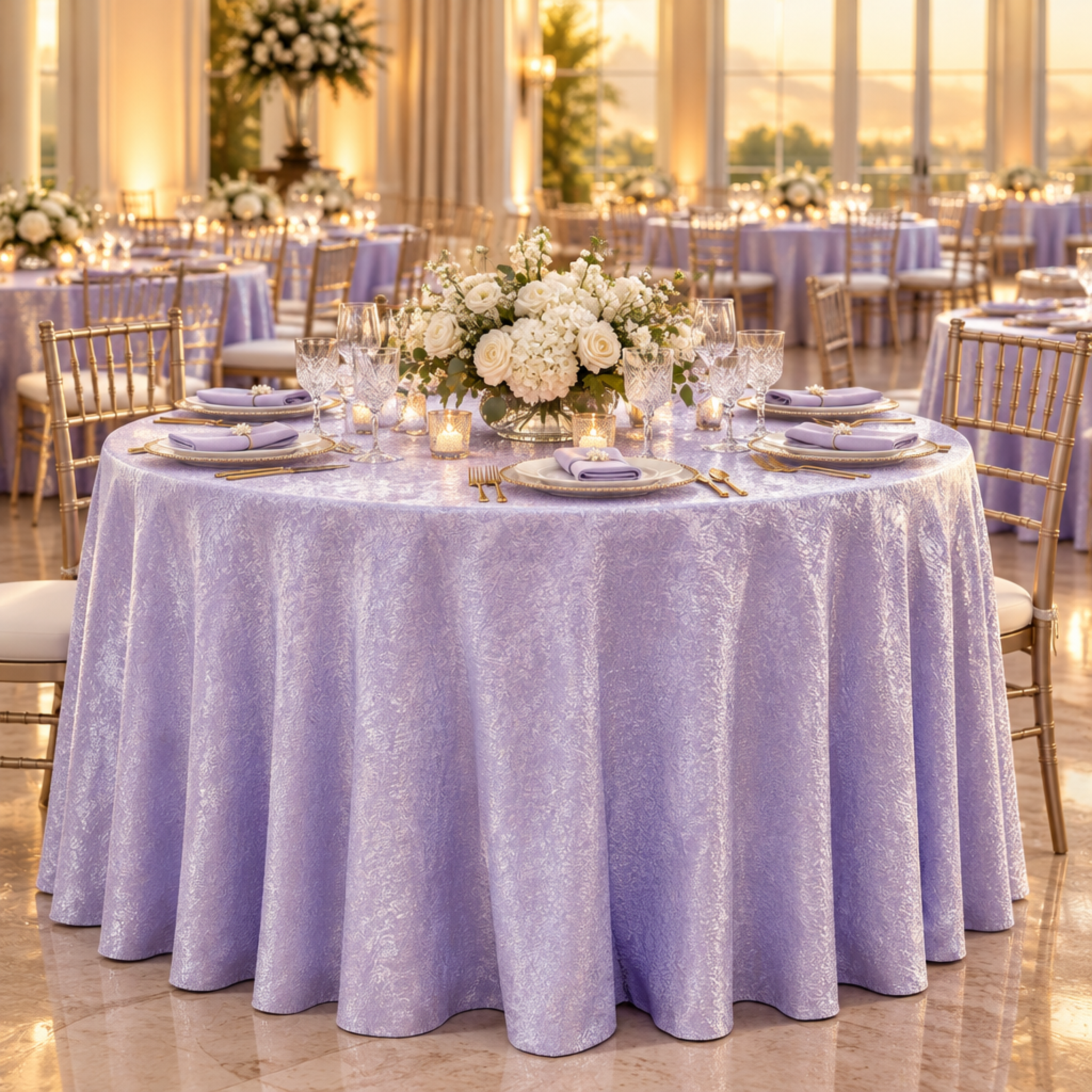 Lavender tablecloth at an indoor banquet