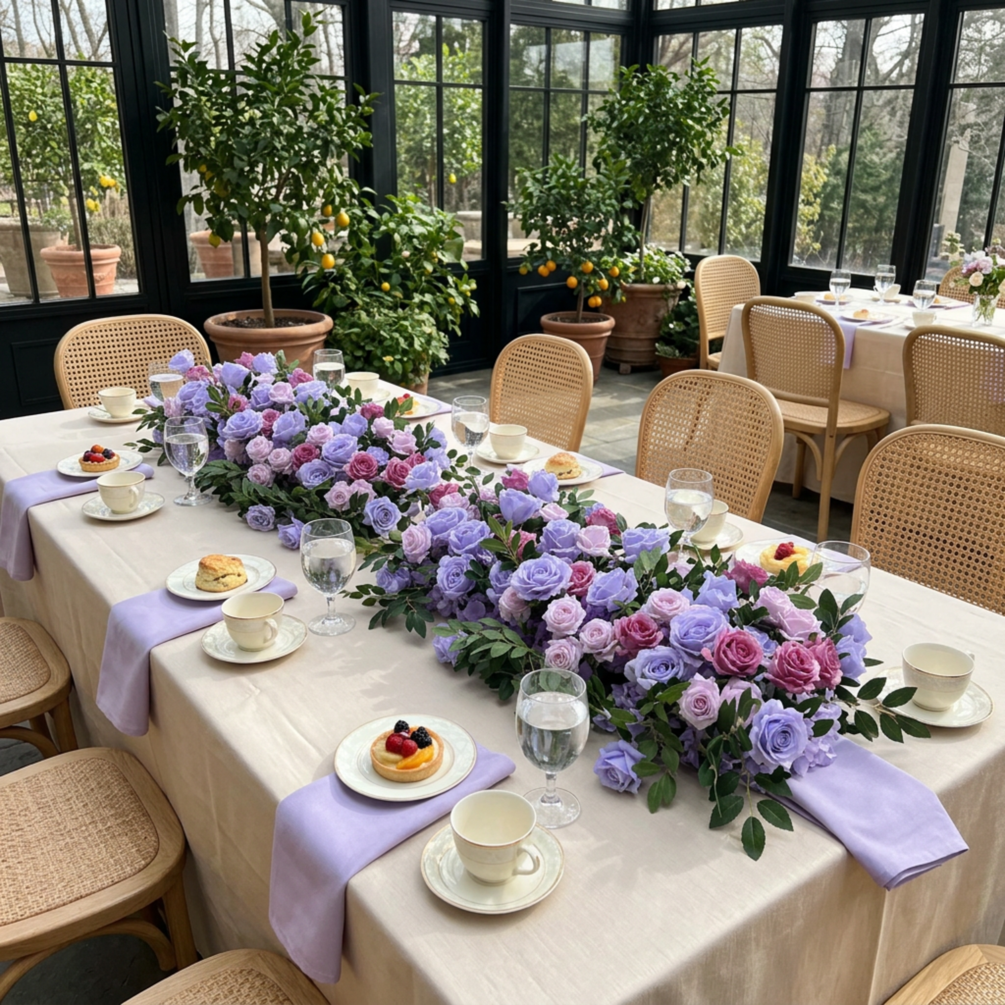 Lavender floral table decor at a conservatory bridal shower