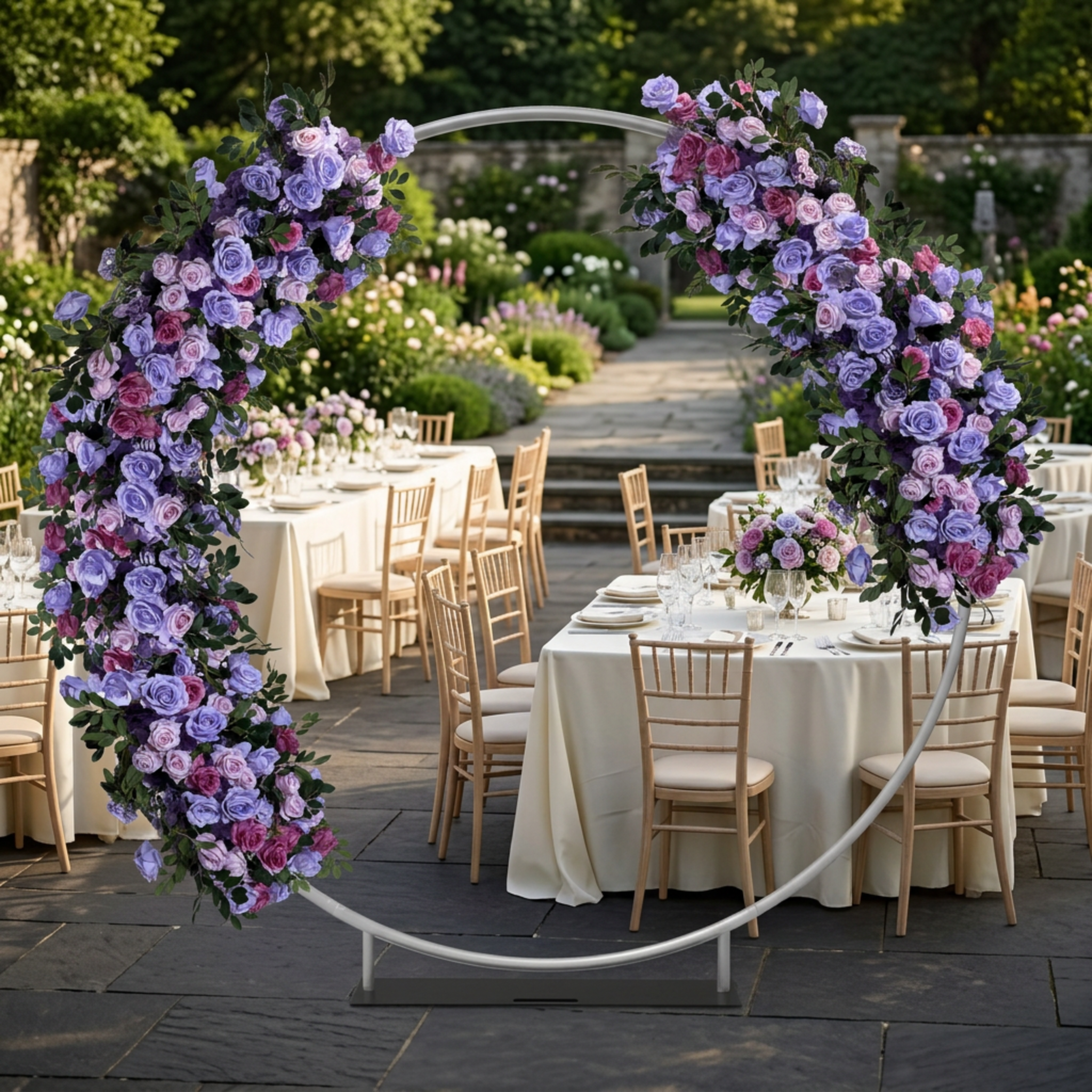 Lavender floral arch at a garden wedding reception