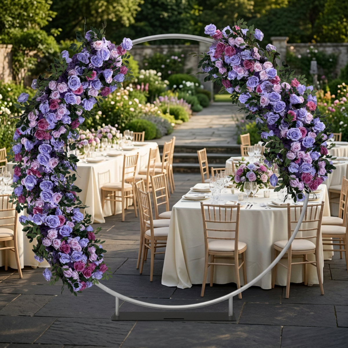 Lavender floral arch at a garden wedding reception