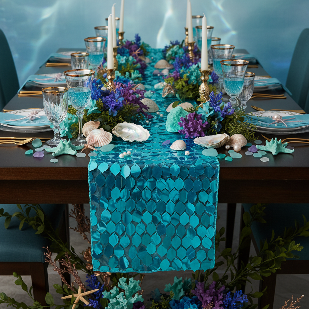 Leaf Payette Sequin Table Runner - Turquoise Mermaid Theme