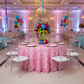 Leaf Petal Taffeta Round 120" Tablecloth - Pink with Clear Chiavari Chairs.