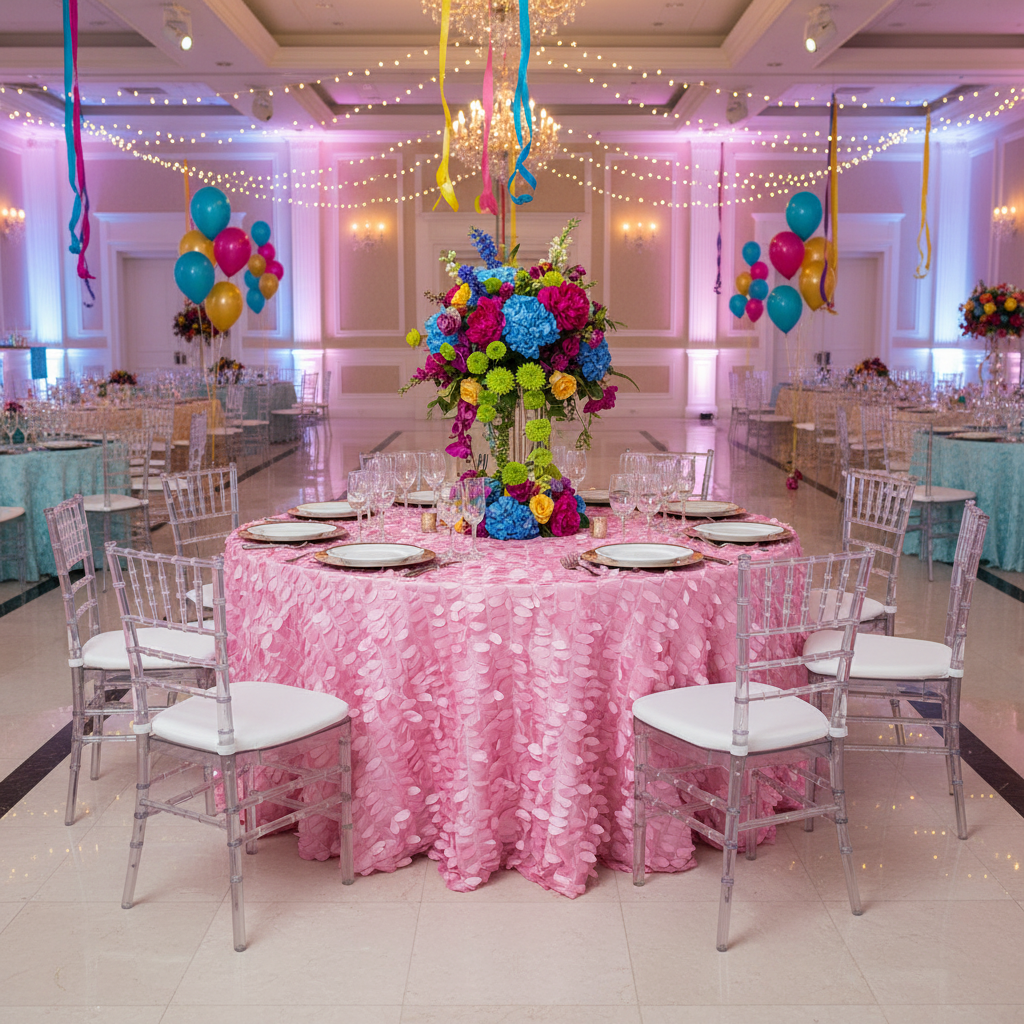 Leaf Petal Taffeta Round 120" Tablecloth - Pink with Clear Chiavari Chairs.