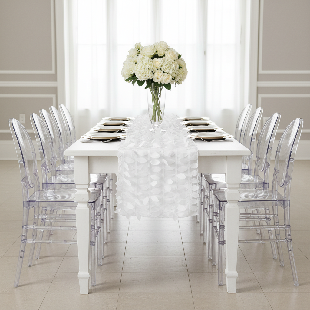 Leaf Petal Taffeta Table Runner - White.