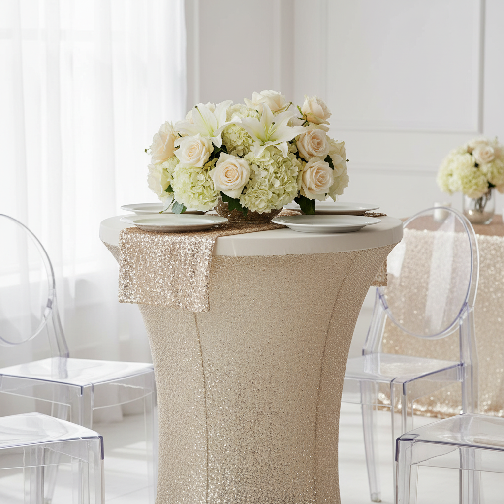 Glitz Sequin Spandex Cocktail Table Cover 30"-32" Round - Champagne.