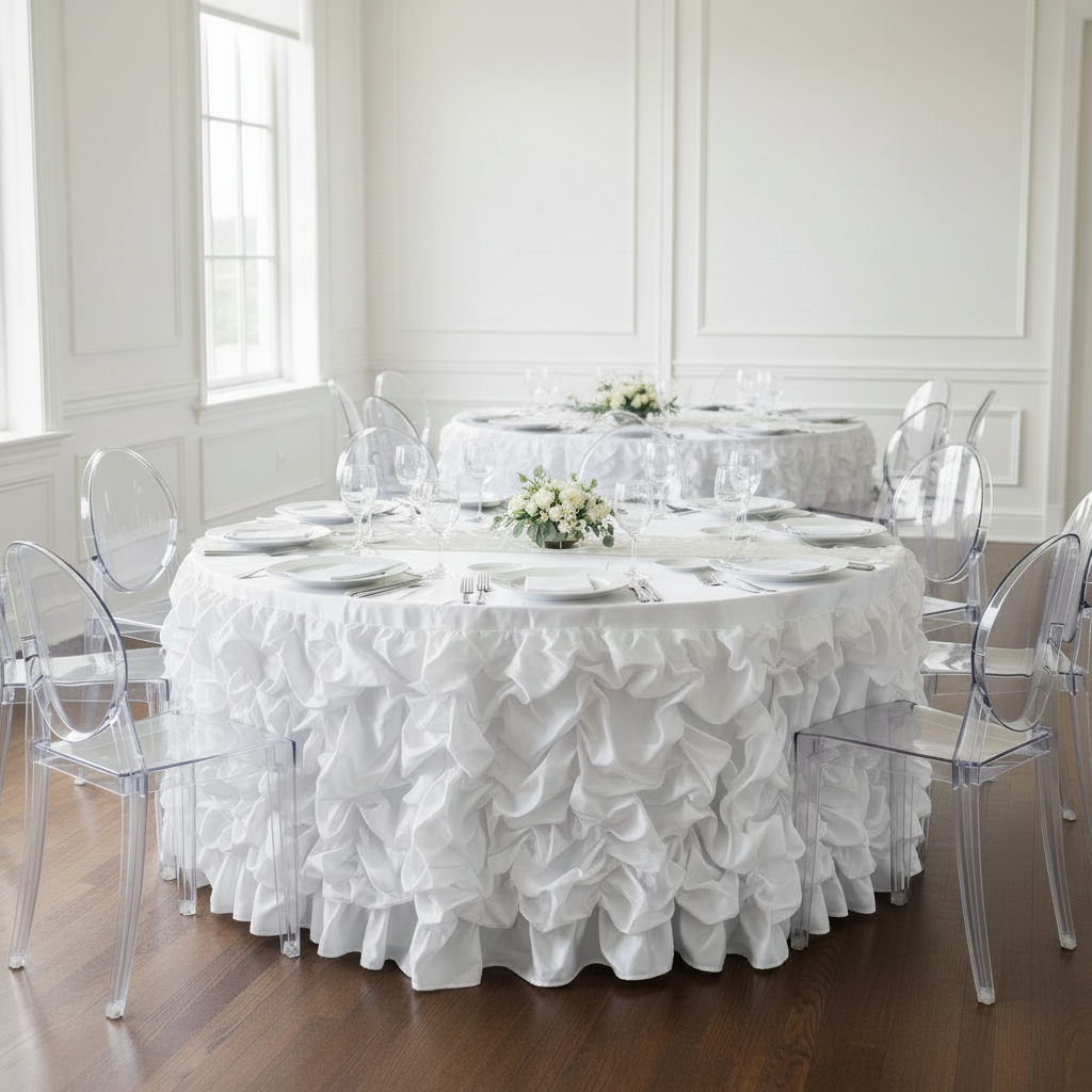 14ft Gathered Lamour Satin Table Skirt - White.