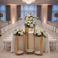 3 pcs of Gold Plinths Round Display Stand with Chiavari White Chairs.