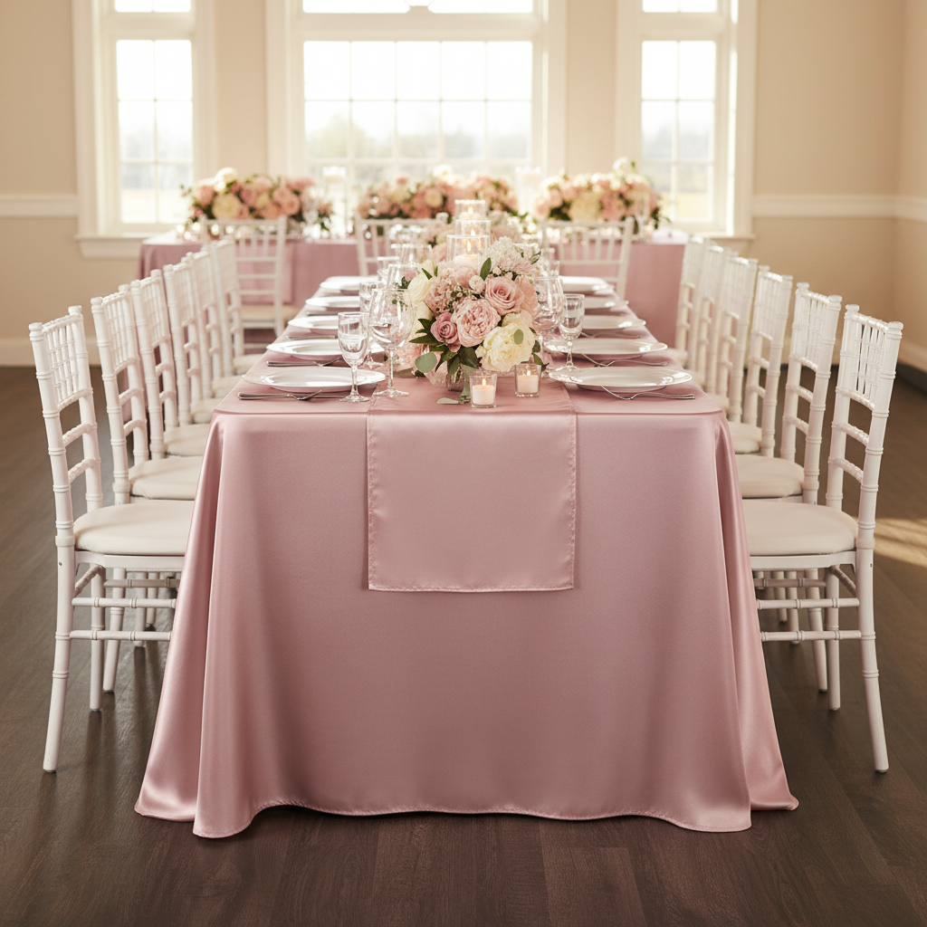 90"x156" Rectangular Satin Tablecloth - Dusty Rose/Mauve.