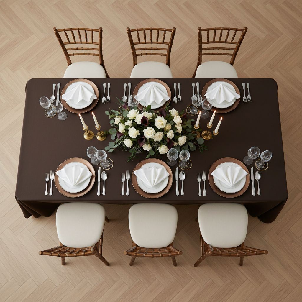 90"x132" Rectangular Oblong Premium Polyester Tablecloth - Chocolate Brown with Chiavari Brown Chairs.