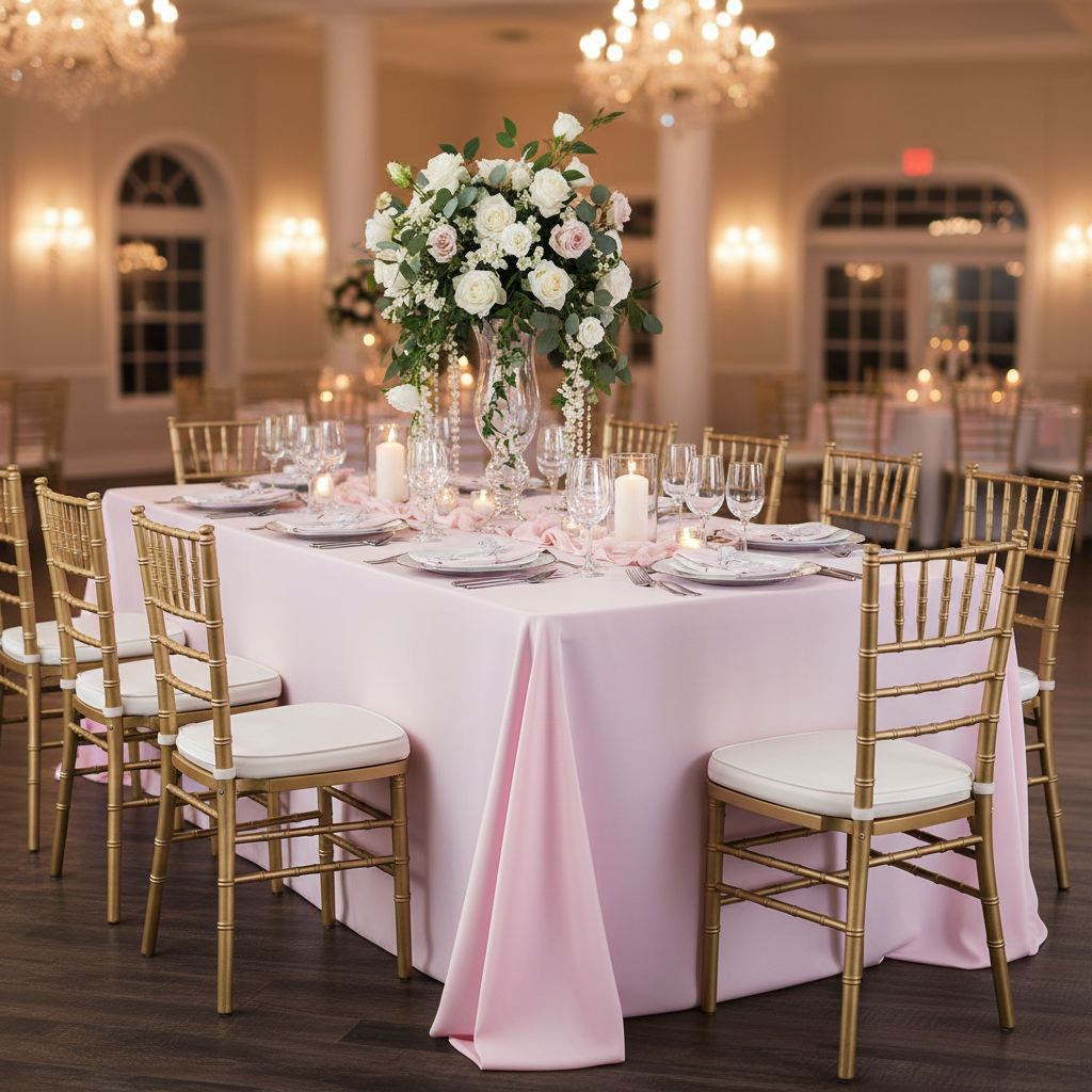 90"x132" Rectangular Oblong Premium Polyester Tablecloth - Pastel Pink with Chiavari Gold Chairs.