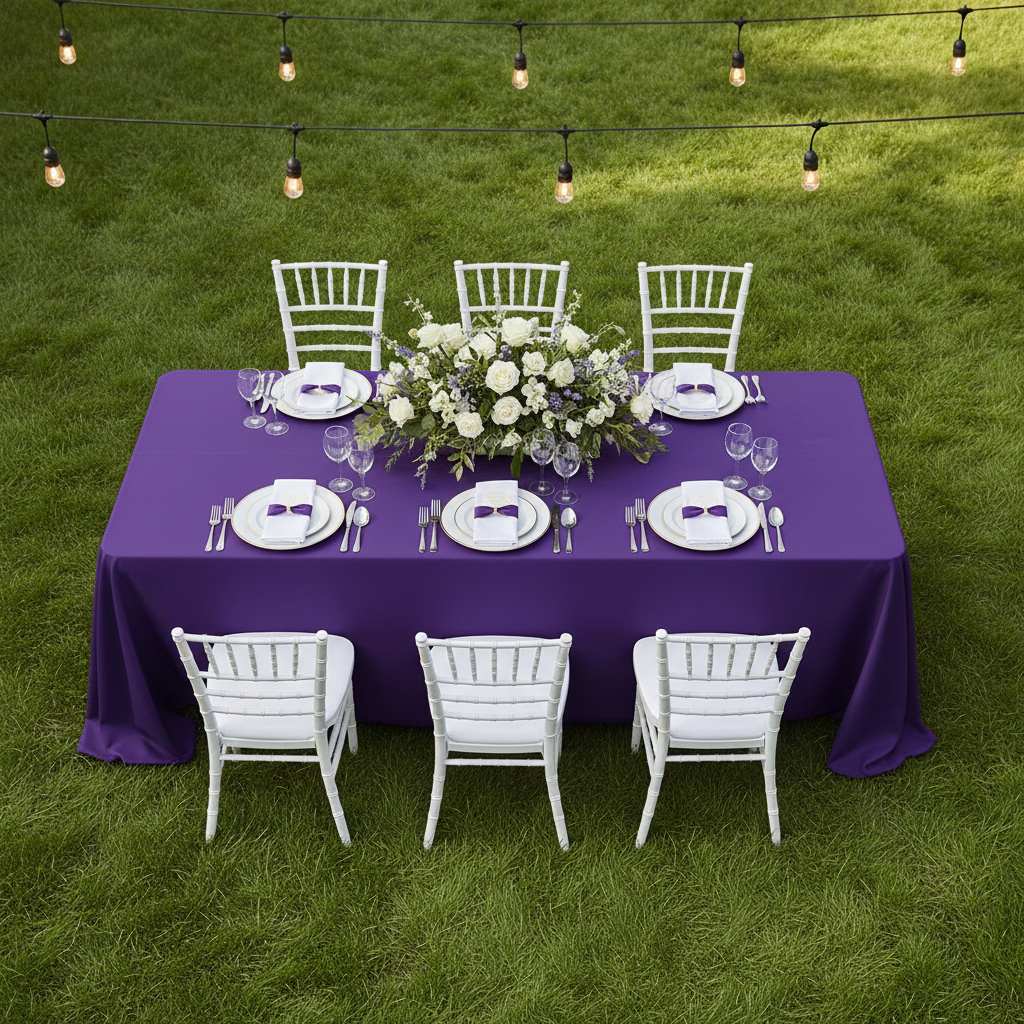90"x132" Rectangular Oblong Premium Polyester Tablecloth - Purple in Outdoor Reception with White Chiavari Chairs.