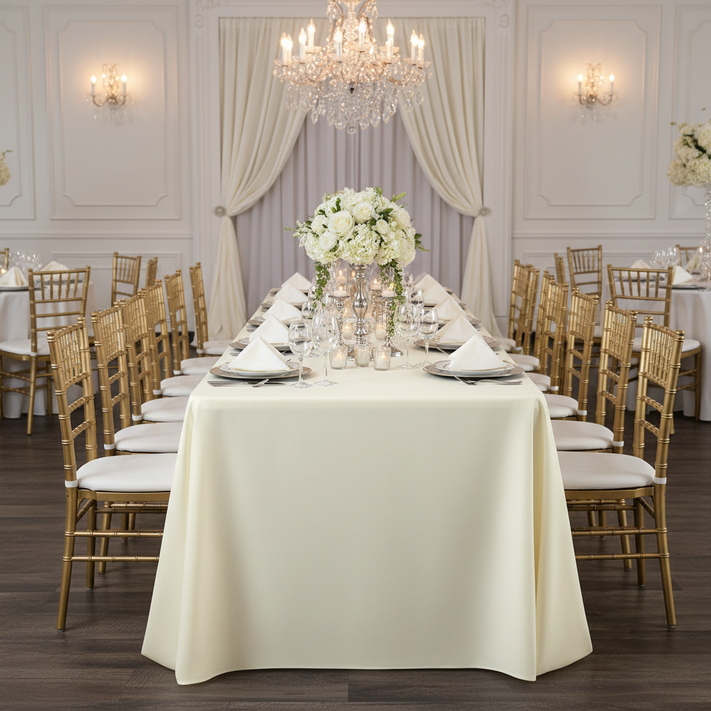 90"x156" Rectangular Oblong Premium Polyester Tablecloth - Ivory with Gold Chiavari Chairs.