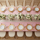 90"x156" Rectangular Oblong Premium Polyester Tablecloth - Pink with Chiavari Gold Chairs in Bird's Eye View Point.