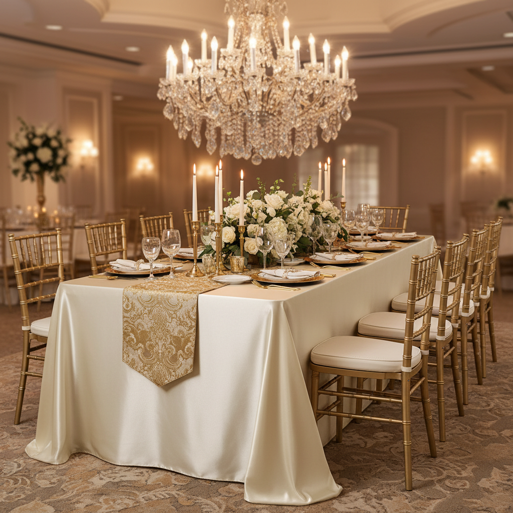 90"x156" Rectangular Satin Tablecloth - Champagne with Gold Chiavari Chairs.