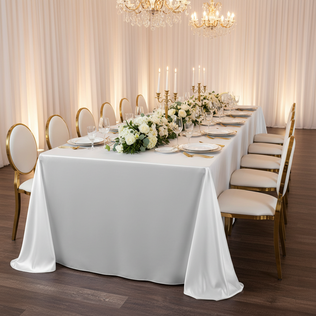 90"x156" Rectangular Satin Tablecloth - White with Oval Chairs.
