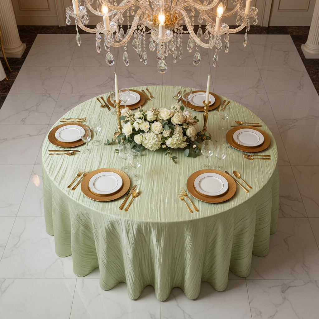 Accordion Crinkle Taffeta 120" Round Tablecloth - Sage Green in Indoor Reception.