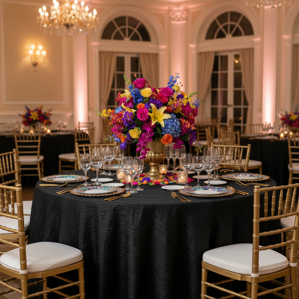 Accordion Crinkle Taffeta 132" Round Tablecloth - Black with Chiavari Gold Chairs.