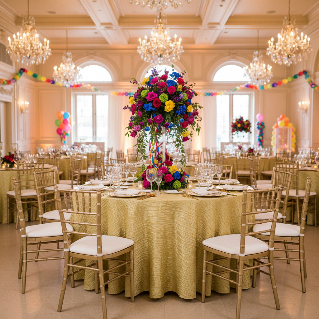 Accordion Crinkle Taffeta 132" Round Tablecloth - Gold with Chiavari Gold Chairs.