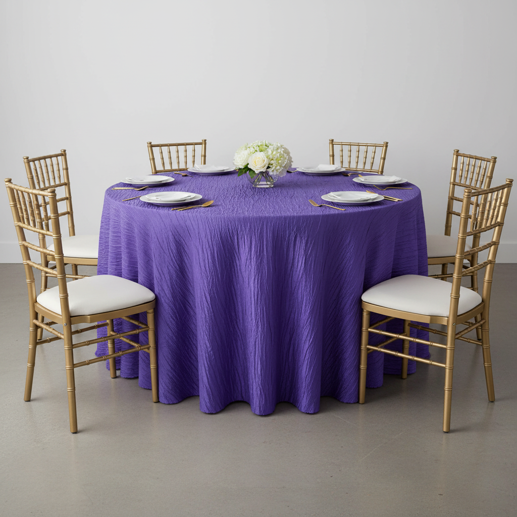 Accordion Crinkle Taffeta 132" Round Tablecloth - Purple with Chiavari Gold Chairs.