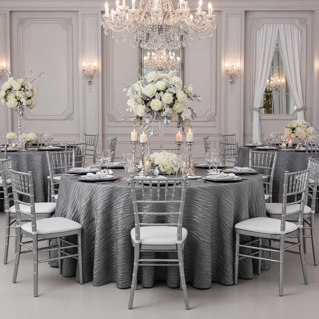 Accordion Crinkle Taffeta 132" Round Tablecloth - Silver with Chiavari Silver Chairs.