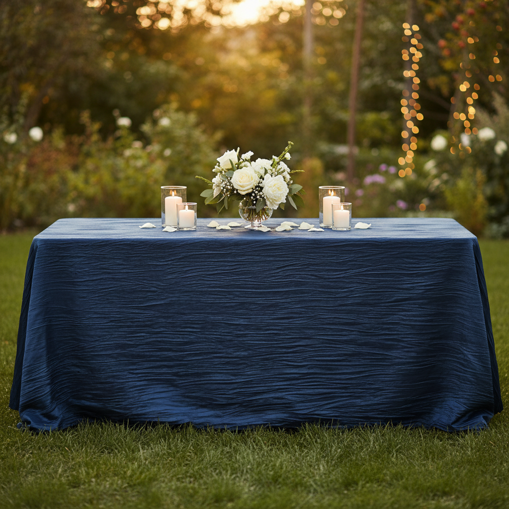 Accordion Crinkle Taffeta 90"x132" Rectangular Tablecloth - Navy Blue in Outdoor Reception.