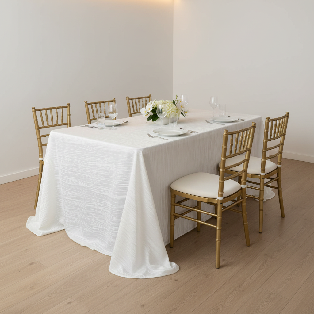 Accordion Crinkle Taffeta 90"x156" Rectangular Tablecloth - White with Chiavari Gold Chairs.