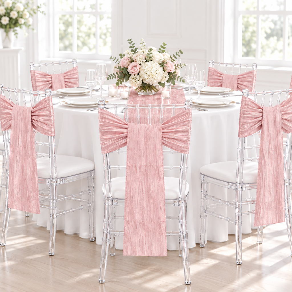 Accordion Crinkle Taffeta Chair Sash 7"x108" - Dusty Rose/Mauve.