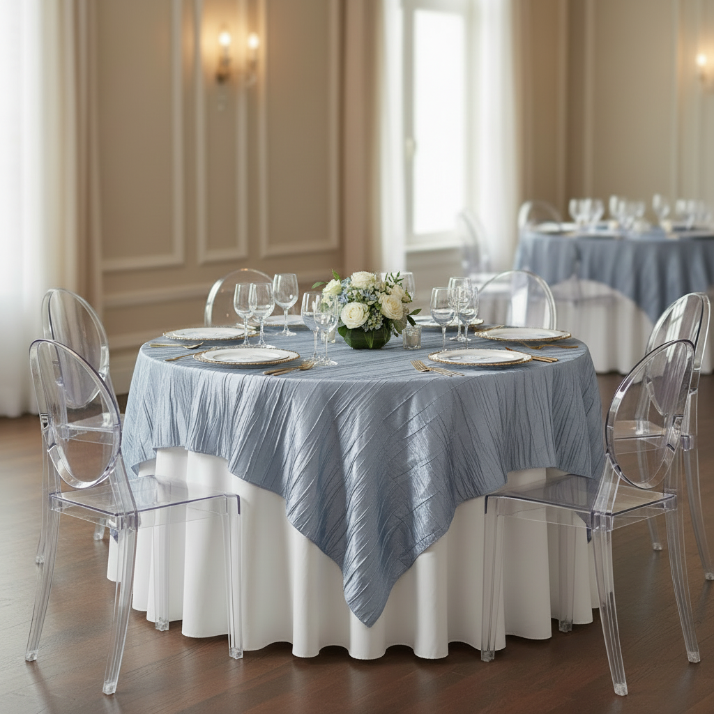 Accordion Crinkle Taffeta Table Overlay Topper 85"x85" Square  - Dusty Blue.
