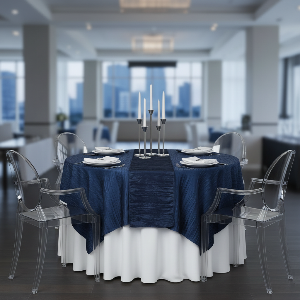 Accordion Crinkle Taffeta Table Overlay Topper 85"x85" Square  - Navy Blue.