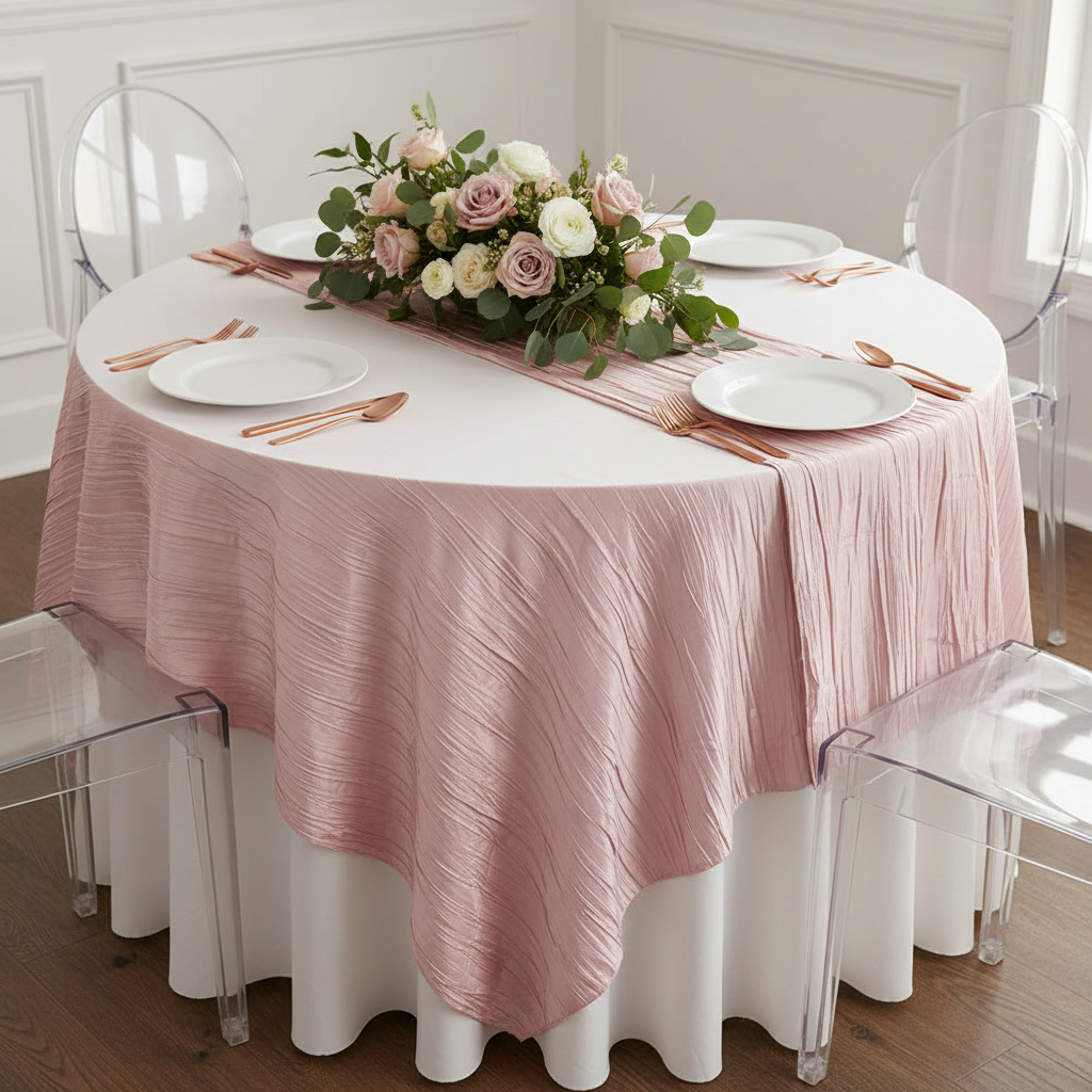 Accordion Crinkle Taffeta Table Overlay Topper 85"x85" Square  - Pink.