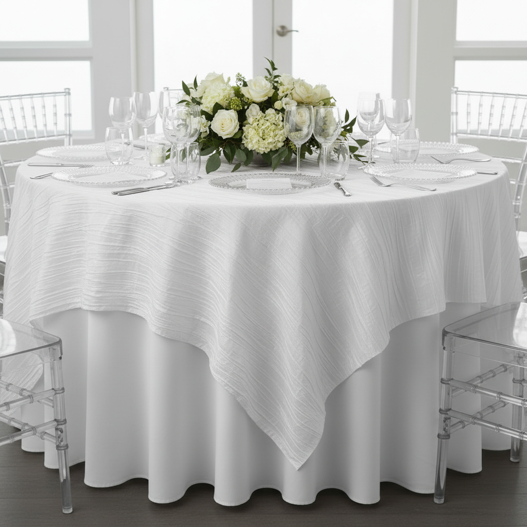 Accordion Crinkle Taffeta Table Overlay Topper 85"x85" Square  - White.