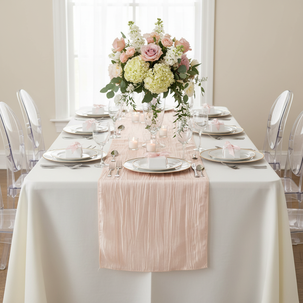 Accordion Crinkle Taffeta Table Runner - Blush/Rose Gold.
