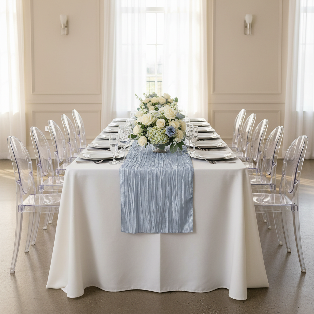 Accordion Crinkle Taffeta Table Runner - Dusty Blue.