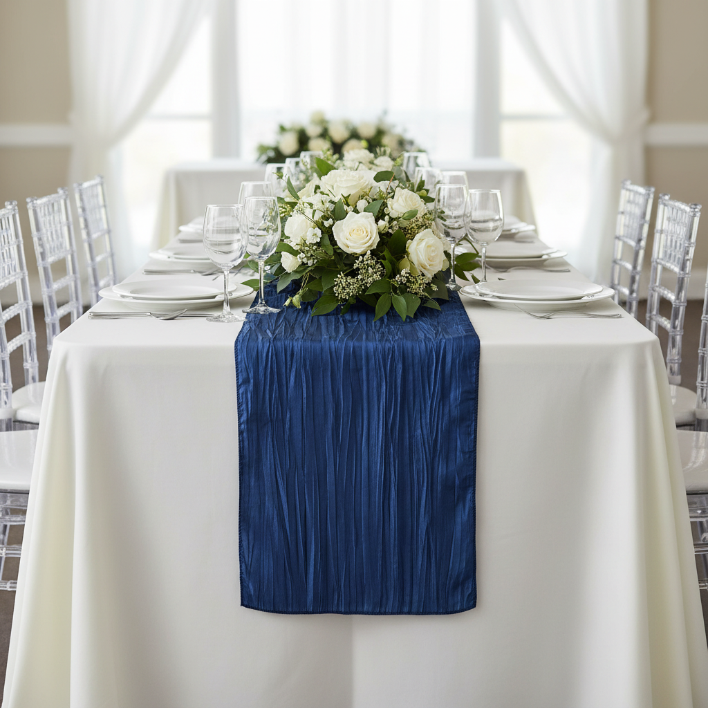 Accordion Crinkle Taffeta Table Runner - Navy Blue.
