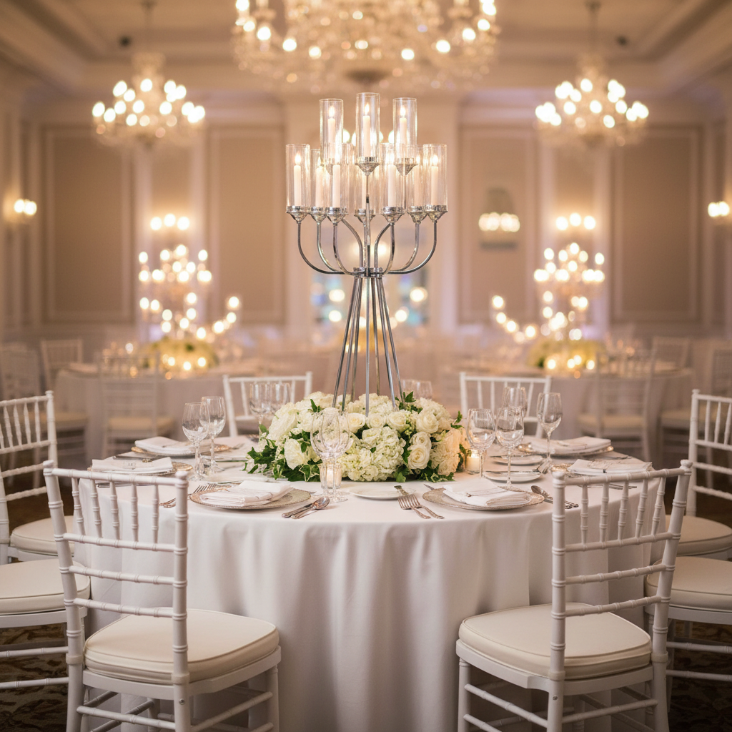 12 Arms Candle Holder Wedding Candelabra Table Centerpiece 48"H - Silver with White Chairs.