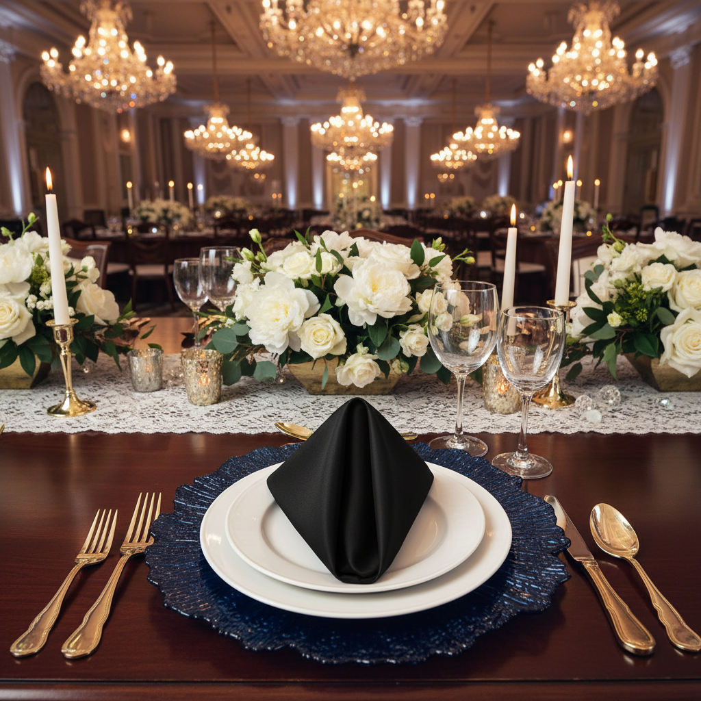 Satin Napkin 20"x20" - Black with Chiavari Chairs and Reef Charger Plates.