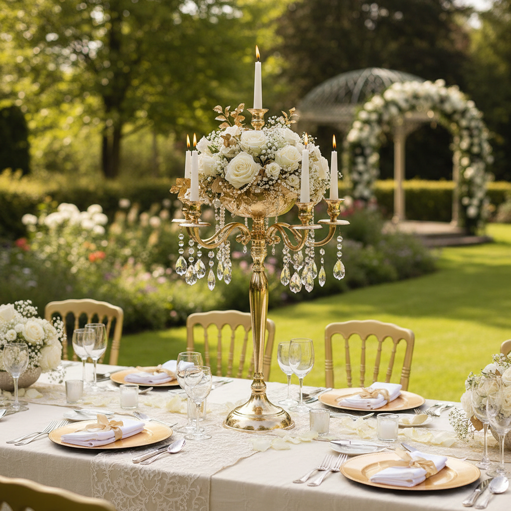 Candelabra Centerpiece with Hanging Crystals - Gold Outdoor with Tables and Chairs.