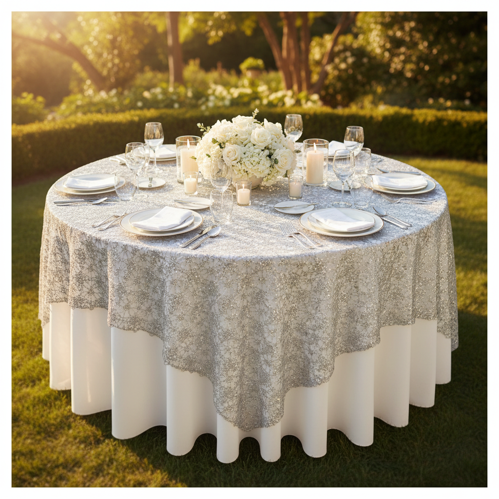 Chemical Lace 90"x90" Square Table Overlay - Silver in a Garden Reception.