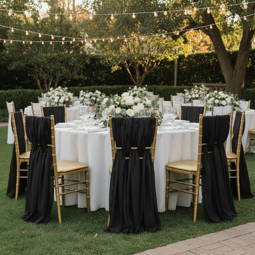 5pcs Pack of Chiffon Chair Sashes/Ties 19" x 72" - Black in Outdoor Reception with Chiavari Gold Chairs.
