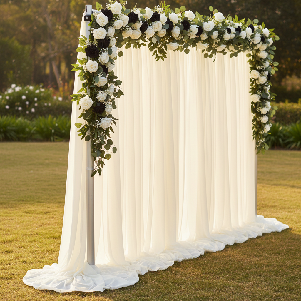 Chiffon Curtain Drape 14ft H x 58" W Panel - Ivory with Rose Bushes.