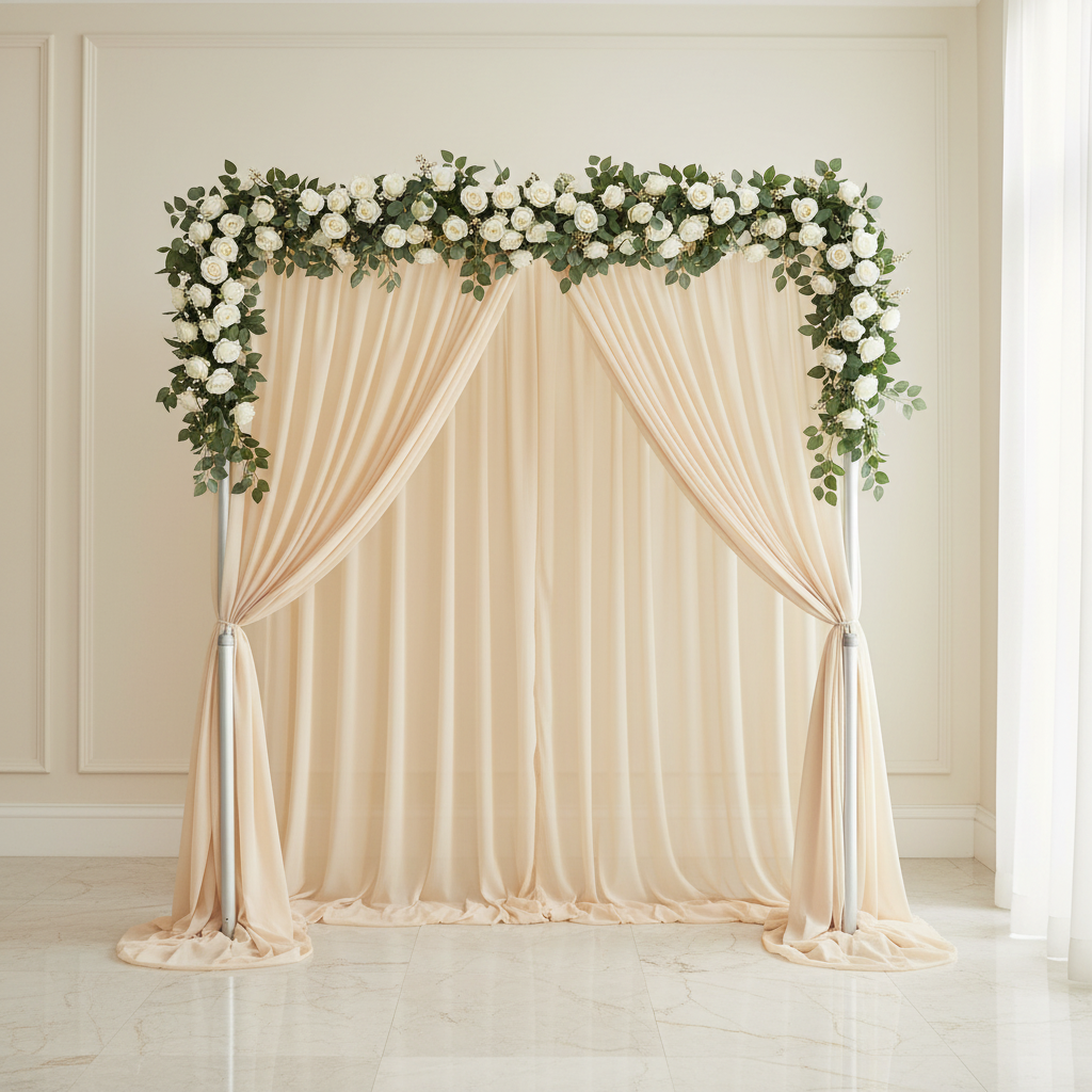 Chiffon Curtain Drape 14ft H x 58" W Panel - Champagne in Wedding Indoor Reception. 