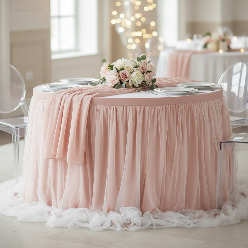 Chiffon Tulle Table Skirt Extra Long 17ft - Blush/Rose Gold.